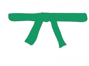 6. Kup -  Der grüne Gürtel: Er zeigt die gewachsene Leistung des Schülers. Er ist vergleichbar mit einer wachsende Pflanze, die ihr erstes Grün austreibt.